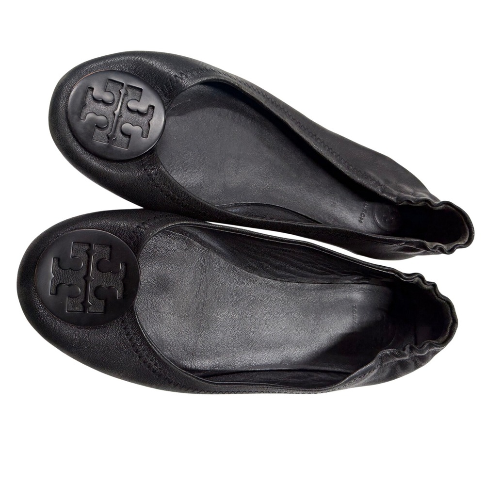 Tory Burch Reva Black Leather Logo Medallion Ballet Flats 6.5M